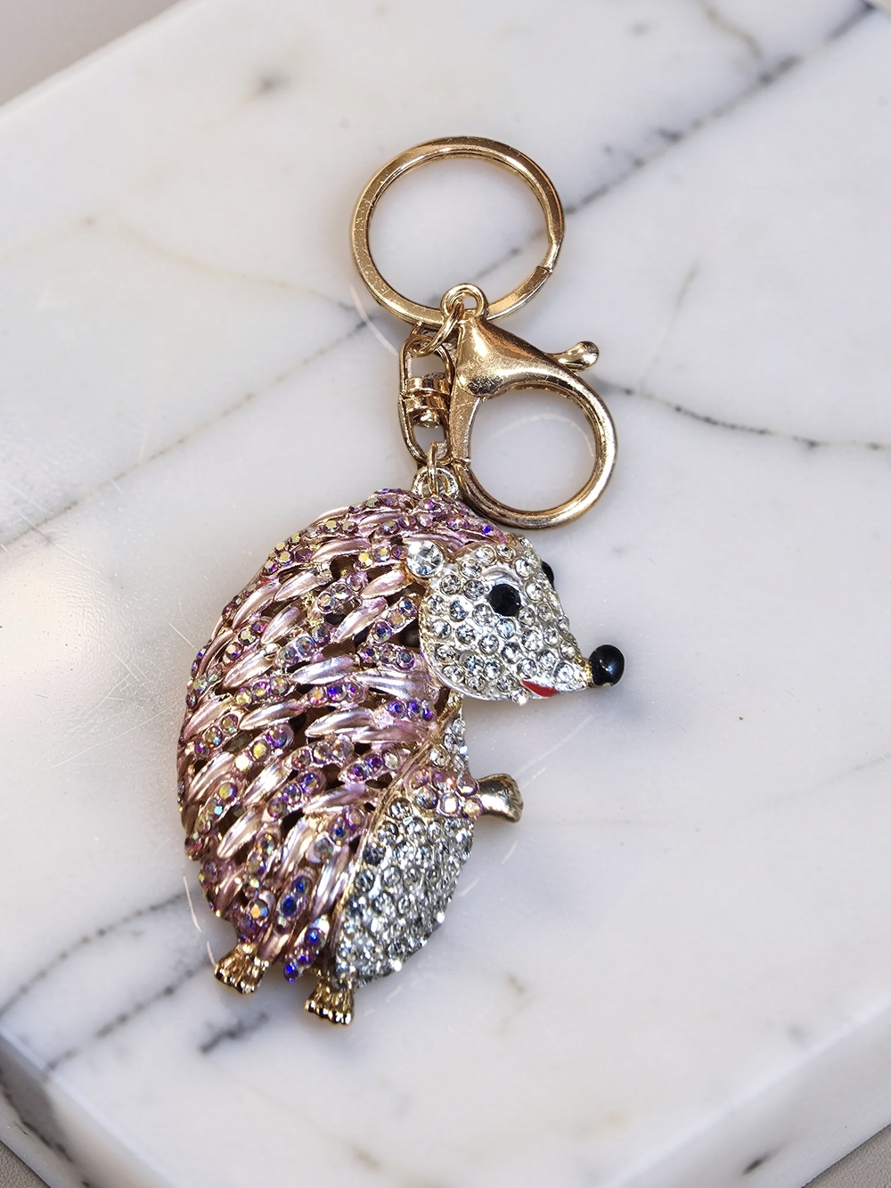 Gold Tone Pink Crystal Hedgehog Keychain Charm